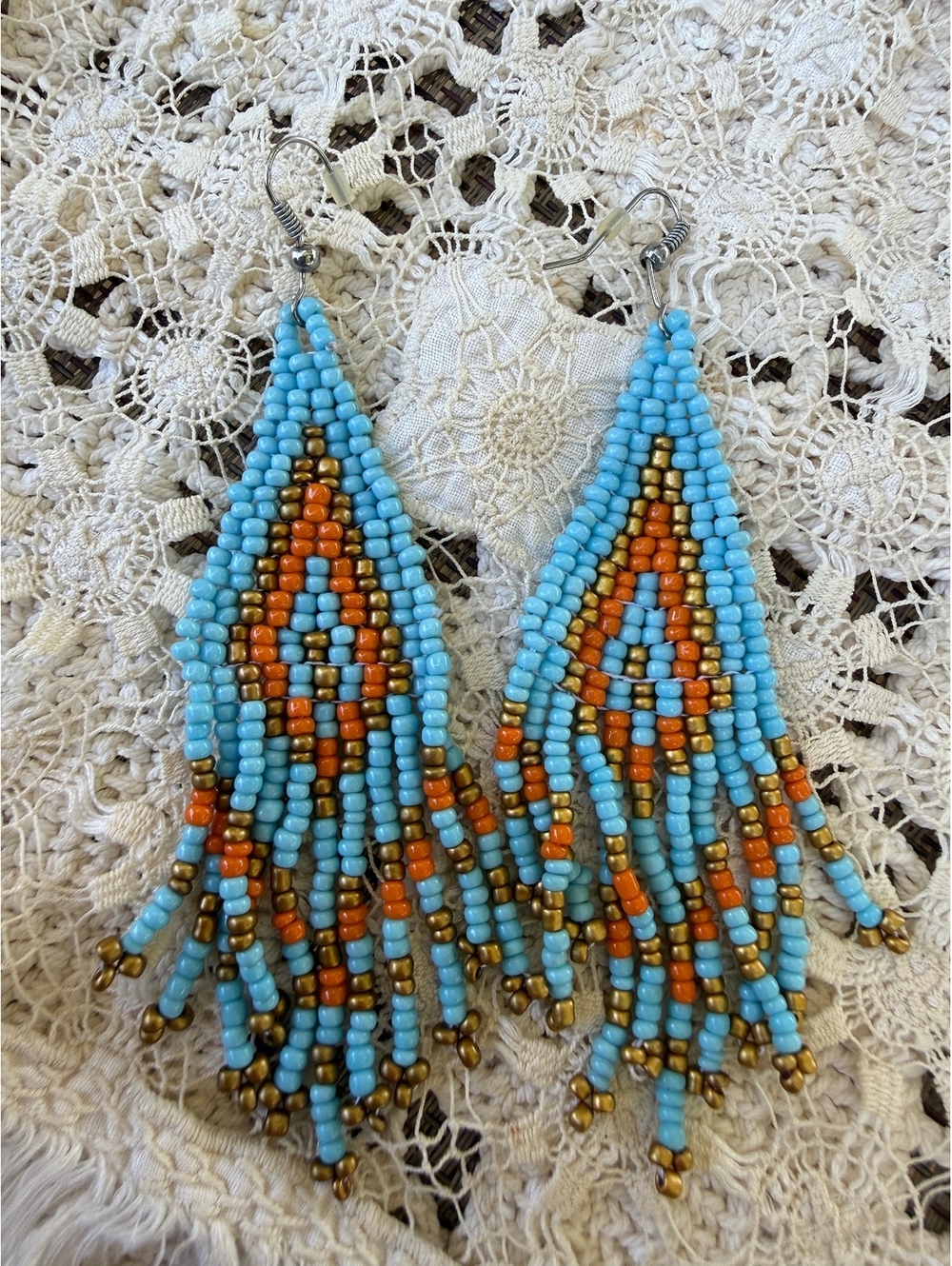 Vintage Native Boho Turquoise and orange beaded dangle earrings